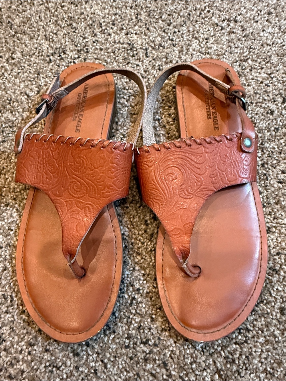American Eagle Outfitters Embossed Tan Leather Thong Sandals for Women